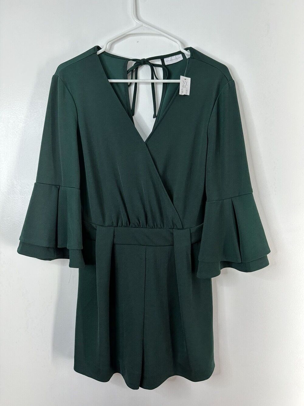 New York And Co Forest Green Romper Bell Sleeves New Size XS Pleated